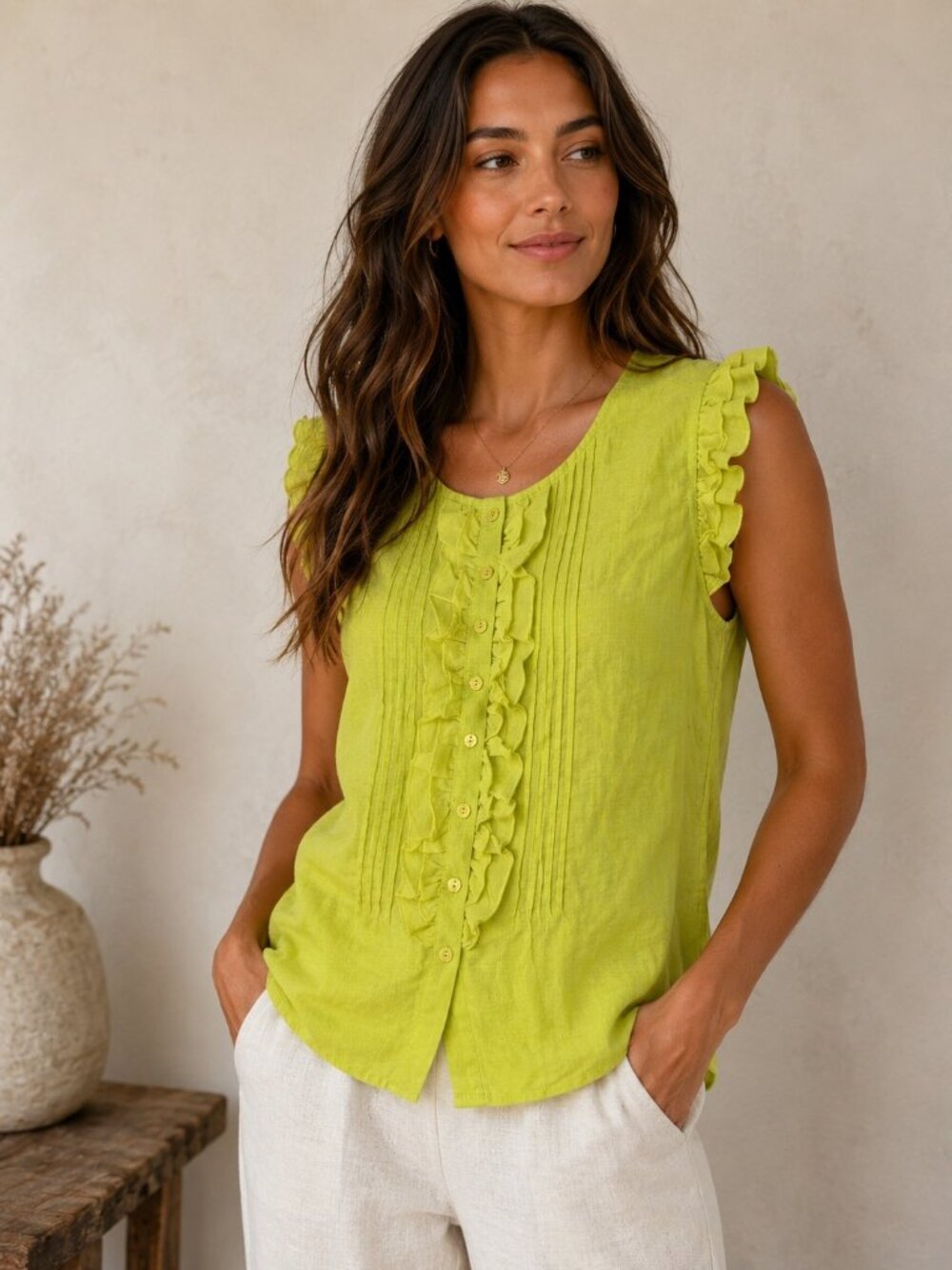 Tweeds Womens Sleeveless Lime Green Linen Ruffle Button Blouse Size M NWOT